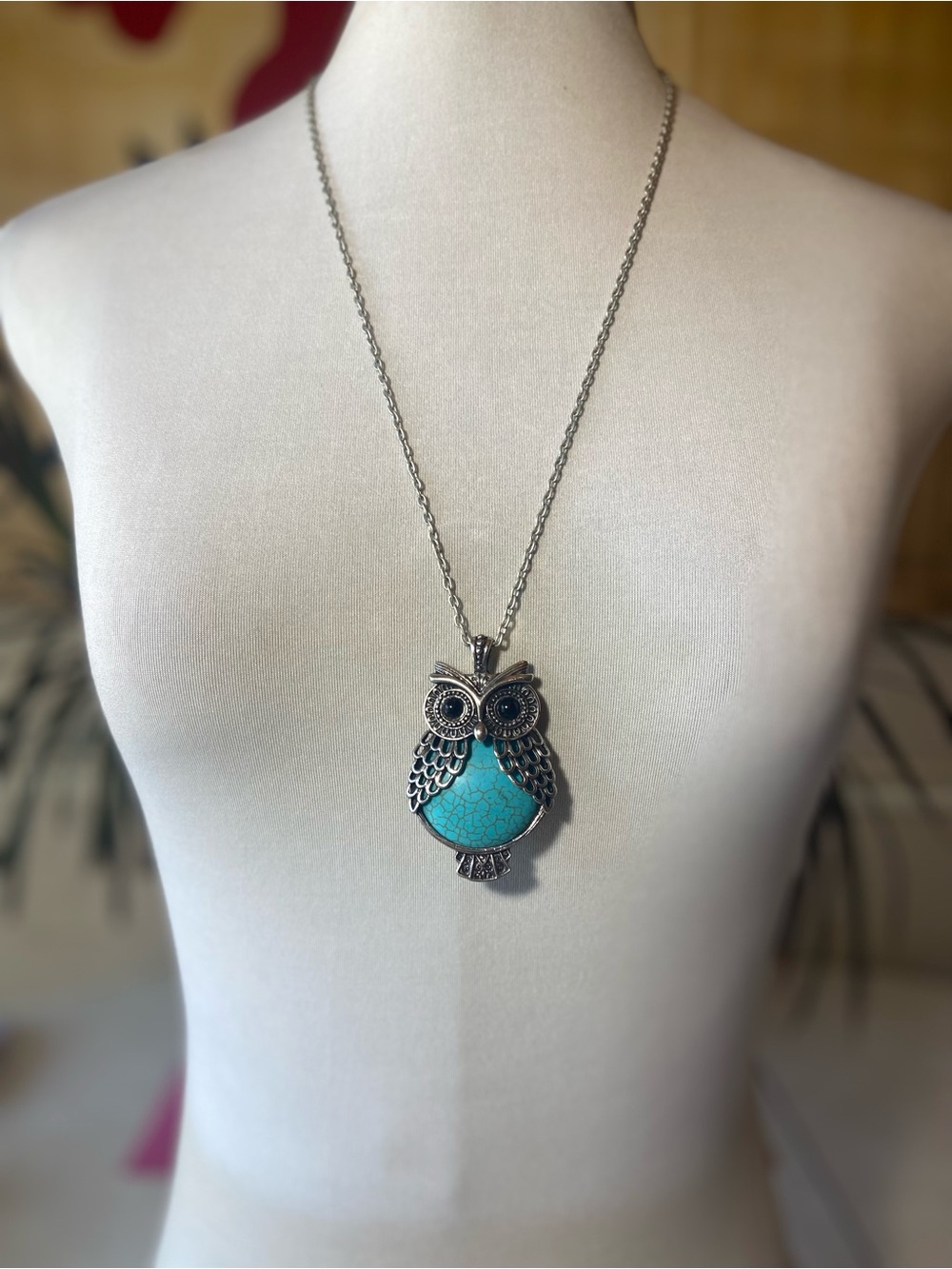 Turquoise Owl Pendant Necklace - Silver-tone Accent